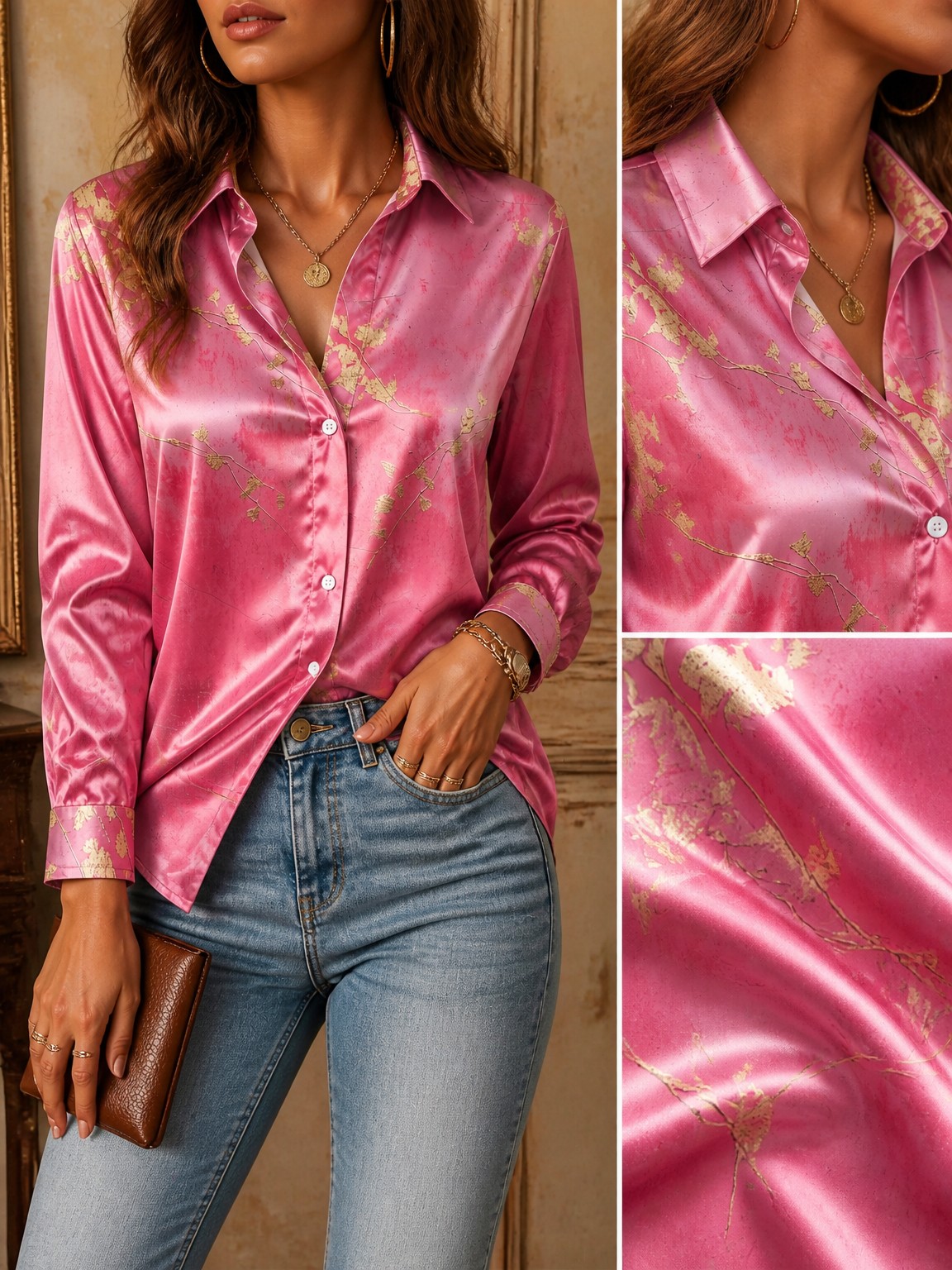 Women's Long-Sleeved Floral Pr - Resort Shirt Floral ulasan dan harga