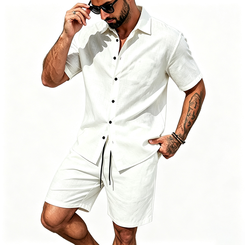 Men Linen Two Piece Outfit Sho - Linen Shirt Breathable ulasan dan harga