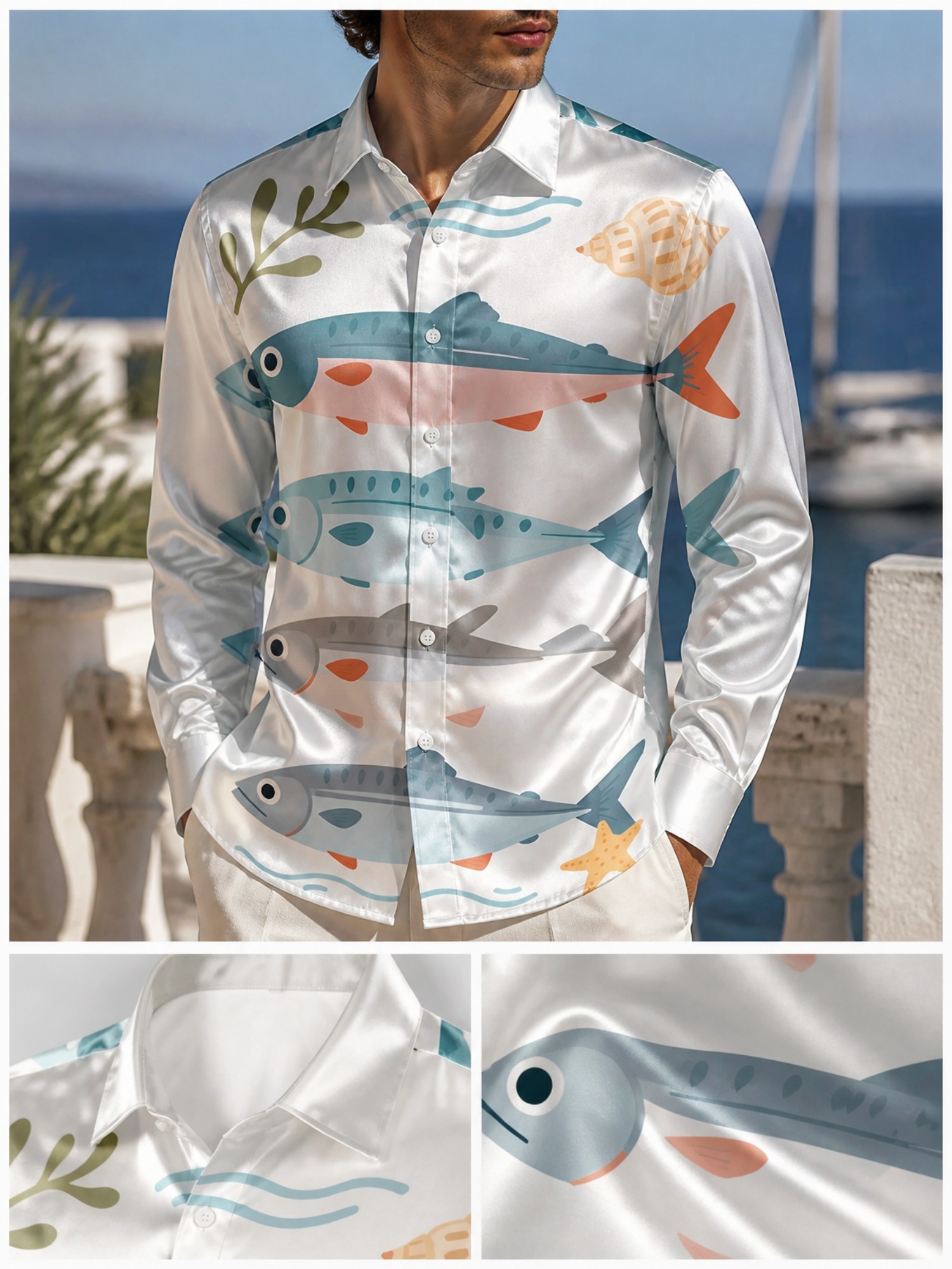 Mens Luxury Satin Long Sleeve  - Resort Shirt Floral ulasan dan harga